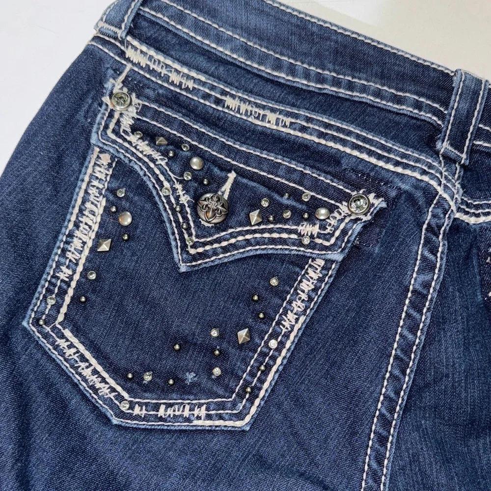 MISS ME Dark Indigo Easy Boot Cut‎ Jeans 29 Bedazzled Dark Blue Denim Rhinestone